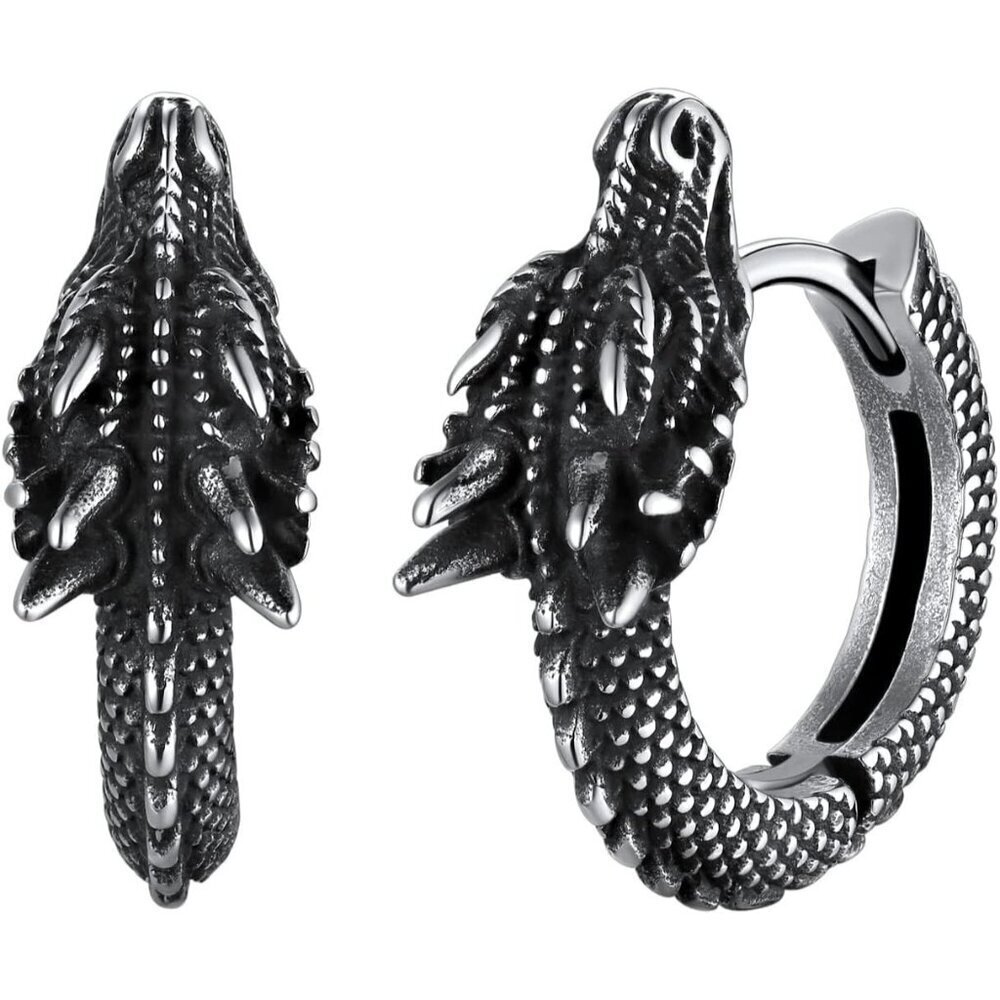 🆕 Men Black Stud Huggie Earrings Punk Rock Sterling Stainless Steel Dinosaur